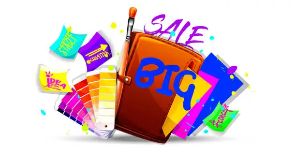 Vector illustration of Creativity and e-commerce concept in cartoon style. A folder with multi-colored paper, a color palette, a brush with stickers on a white background with multi-colored blots. Creative web icon.
