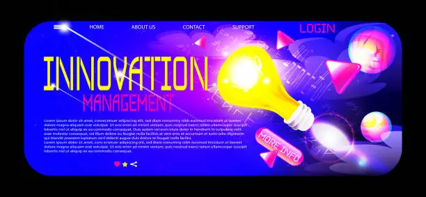 Vector illustration of Startup idea and innovation management concept in cartoon style. Burning flying light bulb on an abstract space background. Stylish creative vector web template with place for text.