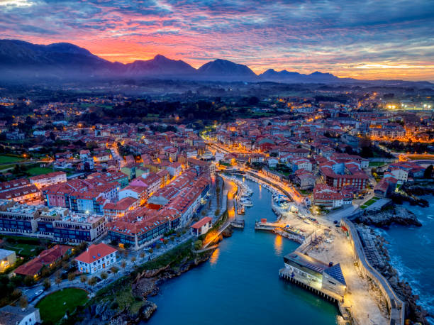 Aerial view of Llanes at sunset in Asturias. stock photo