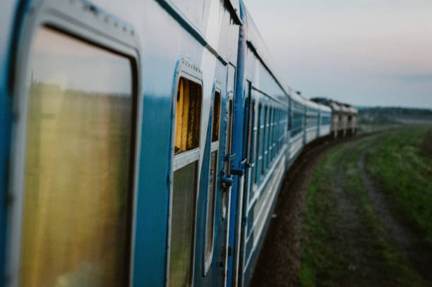 istock Cinematic view from a blue moving train window. 1750363963