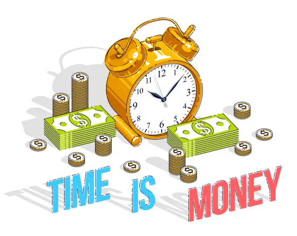 Vector illustration of Time is Money concept, table Alarm Clock with cash money stacks and coin piles isolated on white background. Vector 3d isometric business and finance illustration, thin line design.