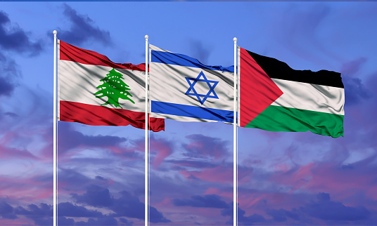 Flags of Israel, palestine  and Lebanon The concept of tense relations between Israel and palestine