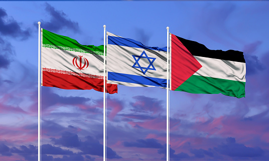 Iranian and Israeli Flags on Grunge textured surface