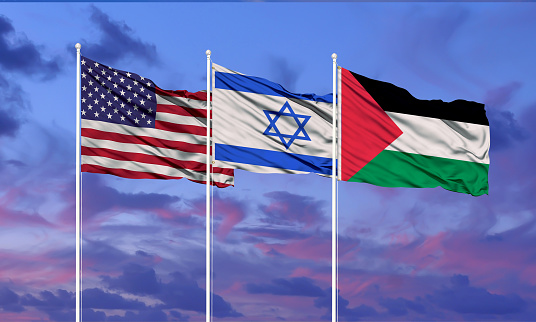 Flags of Israel, palestine  and usa The concept of tense relations between Israel and palestine