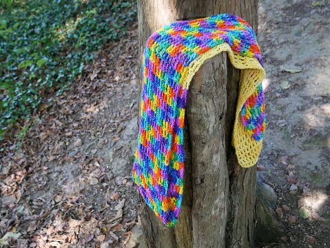 Crochet scarf hanging on tree in park