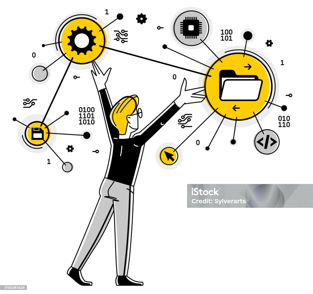 Programmer Machine Runner Programmer Is Coding And Repairing Some Machine System Vector Outline ...