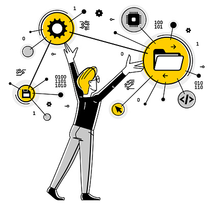 Computer Coding Job Drawing Programmer Is Coding And Repairing Some Machine System Vector Outline ...