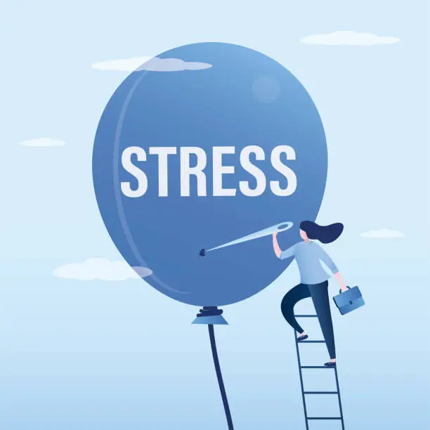Vector illustration of Woman uses large needle to deflate big balloon of emotional stress. Mental problems, psychological pressure. Flying balloon with inscription - stress. Solving problems of stress and overworked.