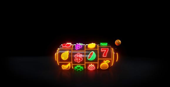 Slot Machine With Fruit Icons. Gambling Concept With Neon Lights - 3D illustration, 3D render.