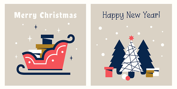 Set of Christmas cards. Delivery Gift boxes by Traditional sleigh. Modern Christmas trees and greeting text with number 2024. Vector flat illustration for banner, print, invitations, winter holiday