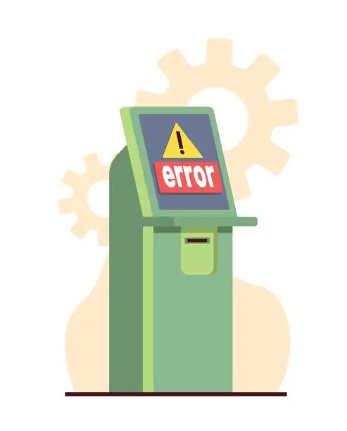 Vector illustration of Broken ATM, non working bank terminal. Cash machine showing warning sign. Crisis in the banking system. Stopped working, error on screen. Cartoon flat style isolated vector concept