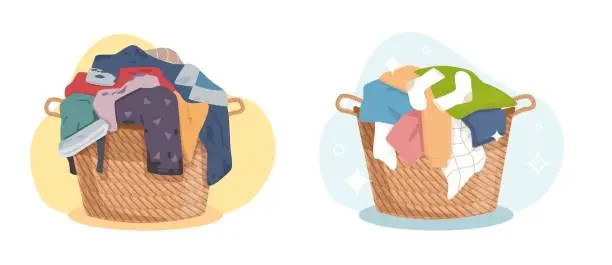 Vector illustration of Dirty and clean clothes, washed laundry in hamper. Apparel heap with stains and fresh in baskets. Messy fabric cotton t-shirts and socks. Cartoon flat style isolated vector concept