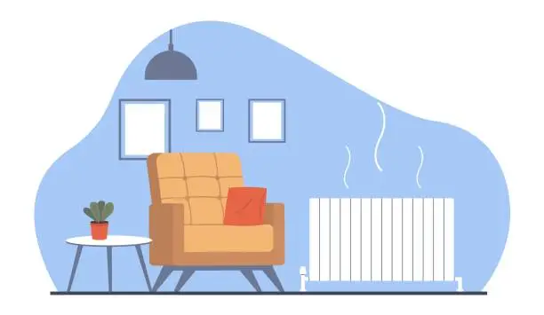 Vector illustration of Heating system battery in house. Armchair in living room, radiator interior object, climate control in home equipment. Hot air in apartment. Cartoon flat style isolated vector concept