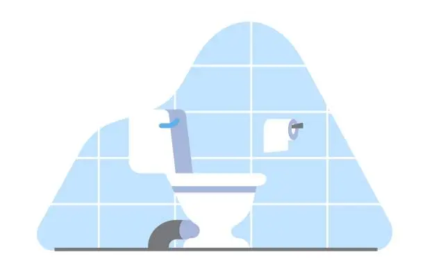 Vector illustration of Toilet with roll of hygiene paper. Bathroom interior. Tile wall. Home sanitary room. White ceramic seat. Apartment lavatory or public WC. Empty restroom. Plumbing equipment. Vector concept
