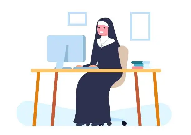 Vector illustration of Young nun sitting at her desk. Woman at computer. Sister in religion. Female working in office. Catholic believers job. Happy employee at workplace. Christianity abbey. Vector concept