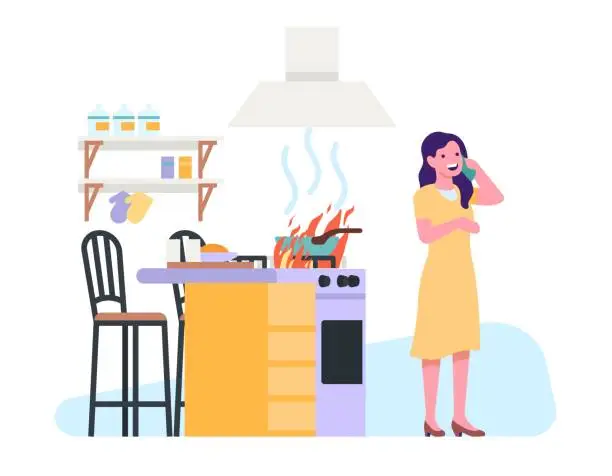 Vector illustration of Woman on phone in kitchen and doesn't notice fire ignition. Careless housewife. Saucepan with burning flame on stove. Home accident. Blazing dinner. Household trouble. Vector concept