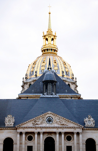 Symmetric front view of Les Invalides, the gold dome of Paris.