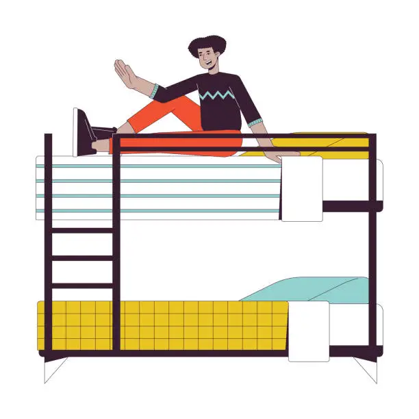 Vector illustration of Latino man sitting up in bunk bed flat line color vector character