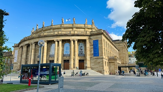 Stuttgart, Germany - October 22nd - 2023: Opera house main entrance. Israel flag on top of the roof.