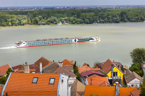 Belgrade, Serbia - September 14, 2023: Cruise ship, boat tour on the Danube river, high angle view