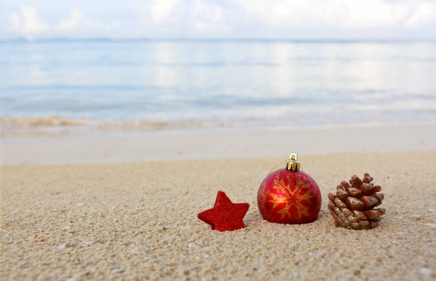 Merry Christmas ball and decorations on the white Caribbean sand.