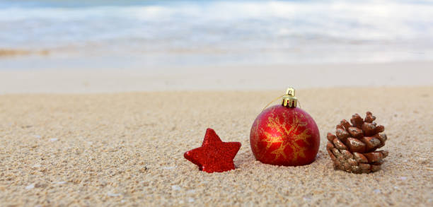 istock Merry Christmas background with red decorations on Caribbean beach. 1750429789