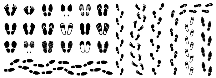 Set different human shoeprints icons, footprint, barefoot sign - vector