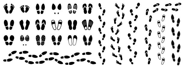Set different human shoeprints icons, footprint, barefoot sign - vector vector art illustration