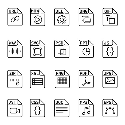 Types files color line icons set. Format and extension of documents.