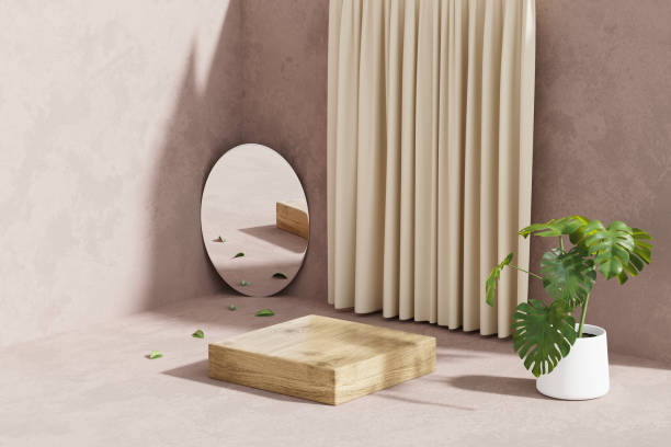 istock 3D rendering platform podium with plant and curtain product presentation background 1750485290