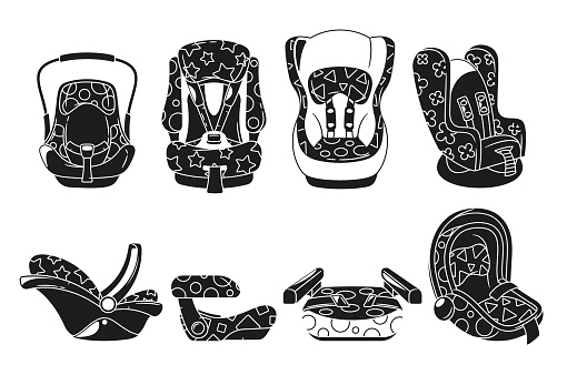 Black and White Booster And Children Car Seats. Essentials Provide Crucial Safety For Young Passengers, Lift Kid For Proper Seatbelt Fit, Offer Harness Protection, Ensuring Secure Journeys. Vector Set