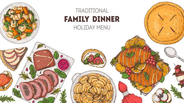 Vector illustration of Family dinner. Holiday menu. Food design template. Food and drink set. Hand drawn design template.