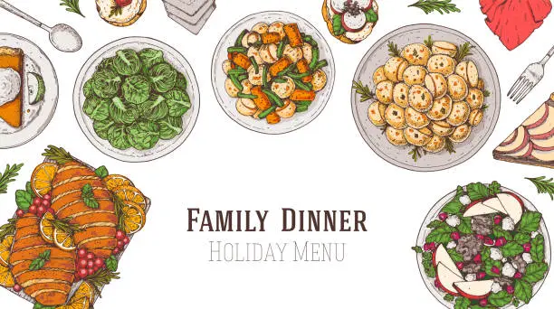 Vector illustration of Family dinner. Holiday menu. Food design template. Food and drink set. Hand drawn design template.