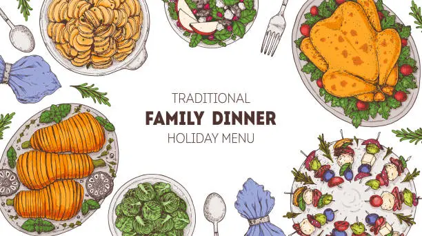 Vector illustration of Family dinner. Holiday menu. Food design template. Cartoon style. Food and drink set. Hand drawn sketch, design template.