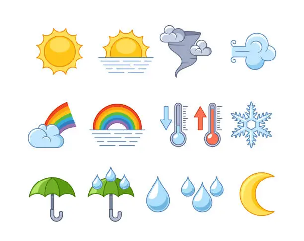 Vector illustration of Weather Forecast Icons Represent Atmospheric Conditions. Symbols Depict Sun, Clouds, Rain, Snow, And Rainbow, Moon