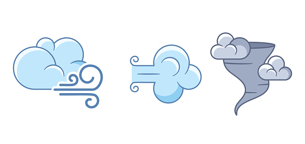 Windy Weather Forecast Icons Set, Graphical Symbols Depicting Gusty Conditions. Blustery Winds, Tornado, And Thunderstorm In This Comprehensive Weather Forecast Collection. Cartoon Vector Illustration