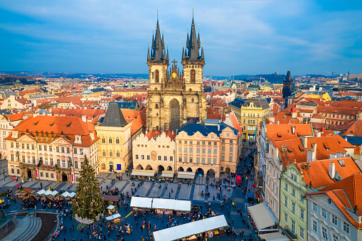 Praga, Czech Republic, Europe - November 9, 2023: Aerial view of the Christmas Market in the old town square of Prague Capital in winter season