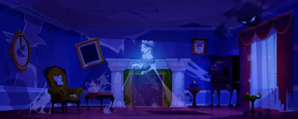 Vector illustration of Haunted castle room with female ghost