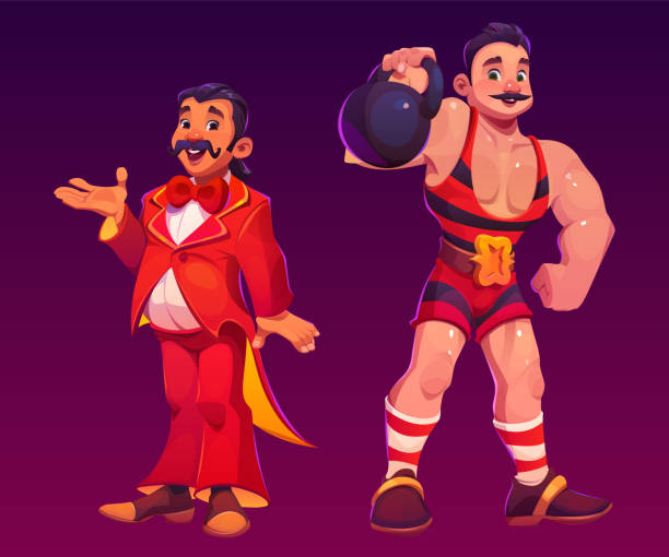 ilustrações, clipart, desenhos animados e ícones de vector carnaval circo personagem de artista de desenho animado - circus strongman men muscular build
