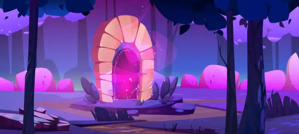 Vector illustration of Magic portal in fantasy game forest background