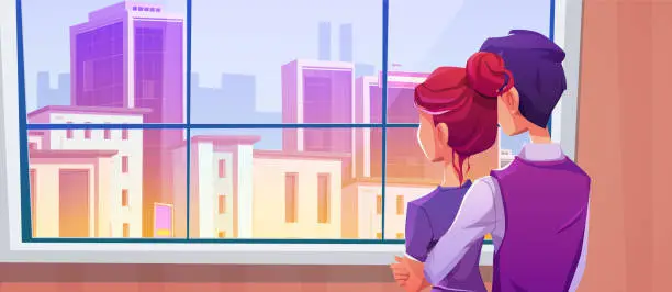 Vector illustration of Couple standing near city building view window