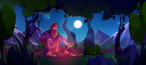 Vector illustration of Man in forest at night near fire vector landscape