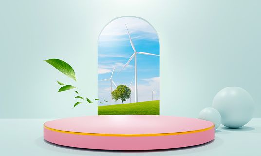 pink podium in an empty green showroom for product presentation and wind turbine on a green field in outdoors. 3d rendering.