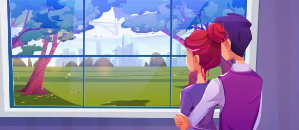 Vector illustration of Couple watching on city park view from home window