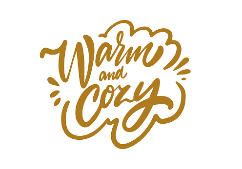 Warm and Cozy handwritten gold color lettering phrase. Vector art isolated on white background.