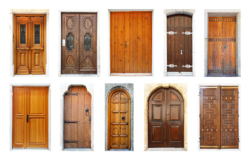 Ten Vintage Naturally Finished European Doors Isolated on White