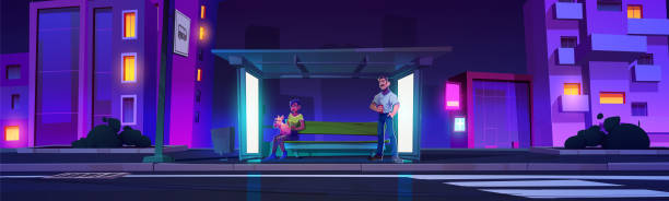 istock Night neon city bus station with waiting people 1750547969