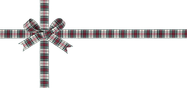 Green, red and white plaid Christmas gift bow and ribbon. Wrapped box layout isolated on a white background.