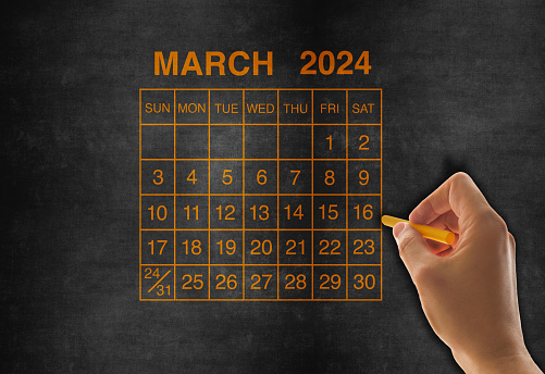 2024 calendar March on chalkboard