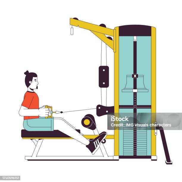 Stretch Machine Vector Man Stretching Cable On Seated Row Machine Flat Line Color Vector ...
